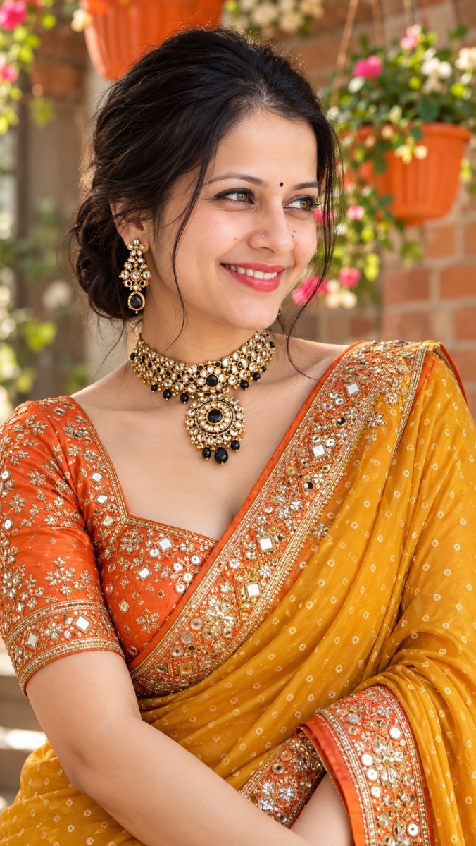 Mustard Orange Heavy Embroidered Saree - Sanjanaa Arole AI Prompt Visual