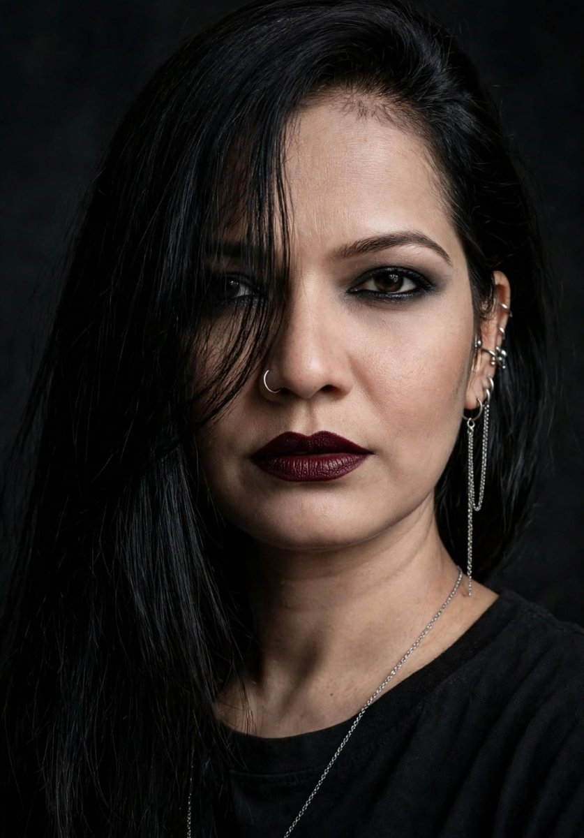 bold dark SANJANAA AROLE AI Prompt Visual