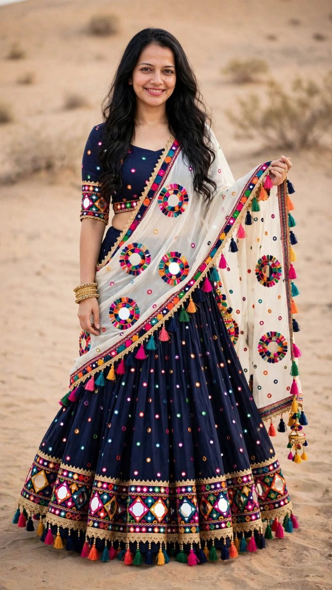 Sanjanaa Arole Navy Blue Navratri Garba Lehenga - Navy Blue Mirror Work Chaniya Choli with Heavy Embroidered Border and Colorful Tassels and Off-White Mirror Dupatta with Tassel Latkan AI Prompt Visual