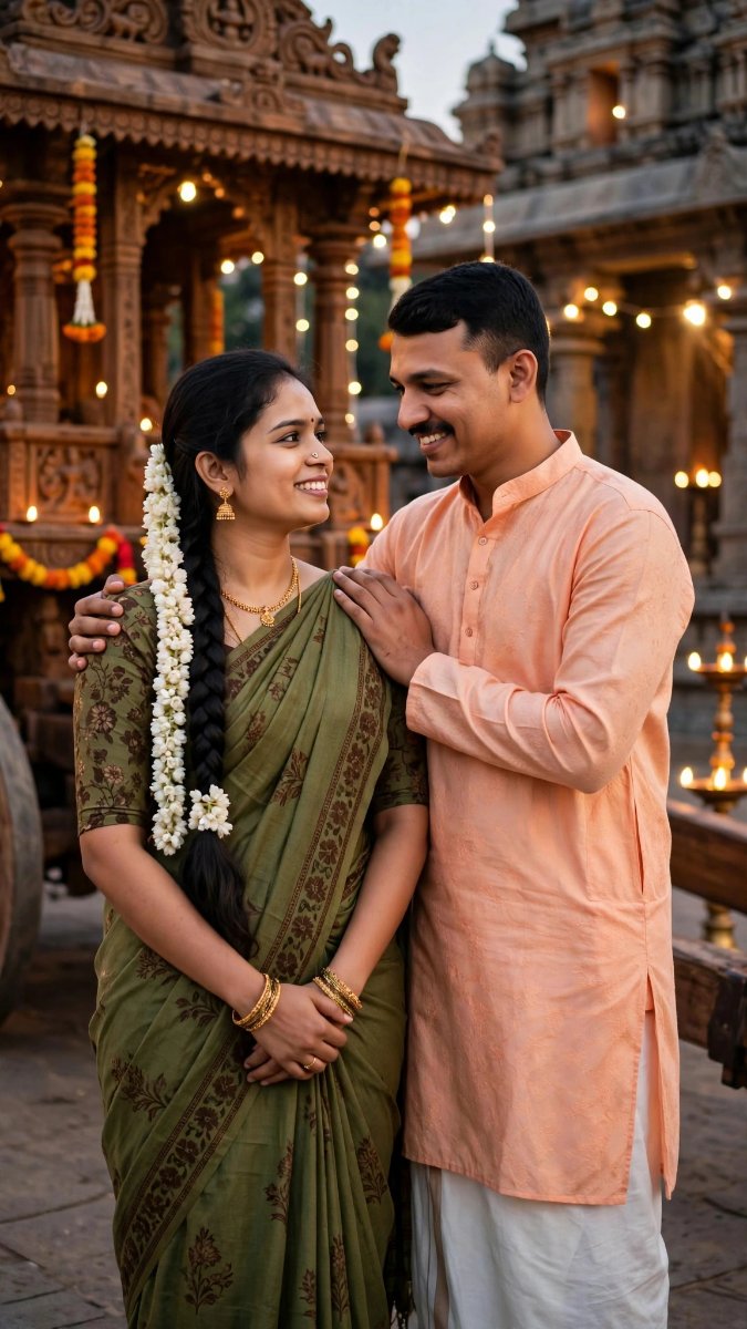 Temple Chariot Love - Olive Green Saree Peach Kurta Braid Gajra - Face Lock AI Prompt Visual