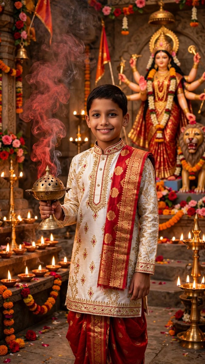 Durga Puja Dhunuchi - Boy in White Red Kurta Dhoti Holding Dhunuchi with Incense Smoke AI Prompt Visual