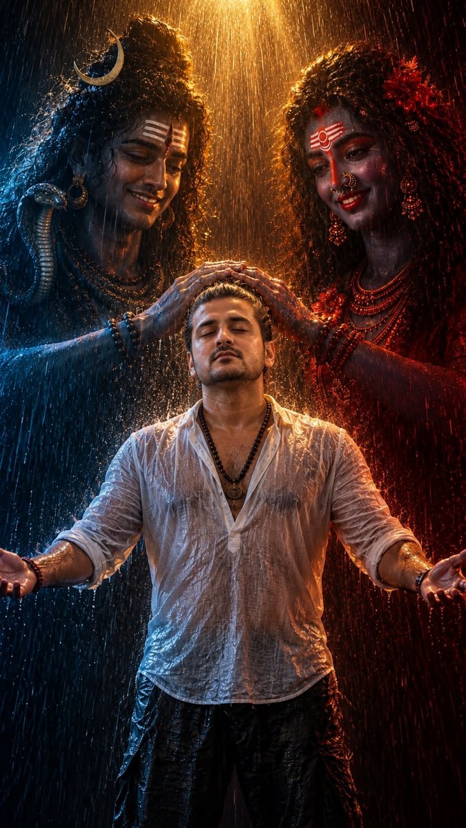 Shiv-Parvati divine blessing rain on man Diinesh Patel AI Prompt Visual