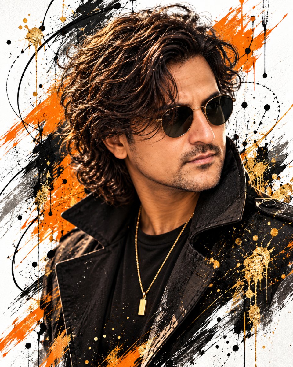 Diinesh Patel Orange Gold Street Art - Wavy Hair Aviator Swag AI Prompt Visual