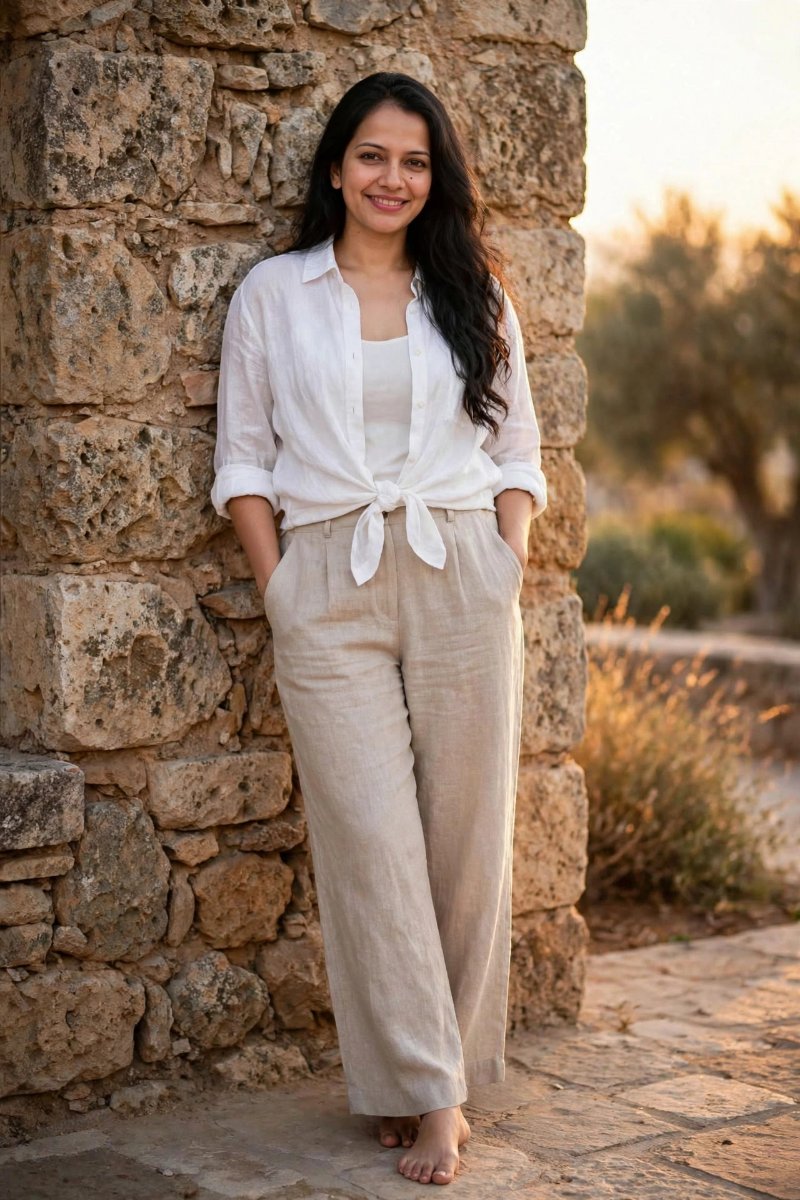 Sanjanaa Arole White Linen Shirt Knot White Tank - Beige Wide Linen Pants - Stone Wall Barefoot Sunset AI Prompt Visual
