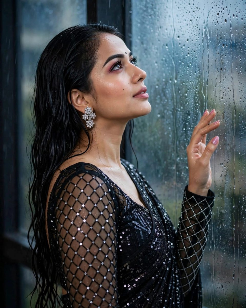 Sanjanaa Arole  Rain Window Black Saree Set - Black Sequin Saree Wet Look AI Prompt Visual