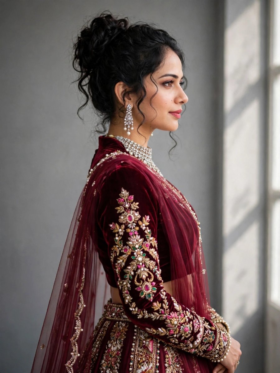 Sanjanaa Arole Backless Wine Gemstone Couture Look - Burgundy Purple Heavy Crystal Embroidered Blouse with Sheer Jeweled Sleeves AI Prompt Visual