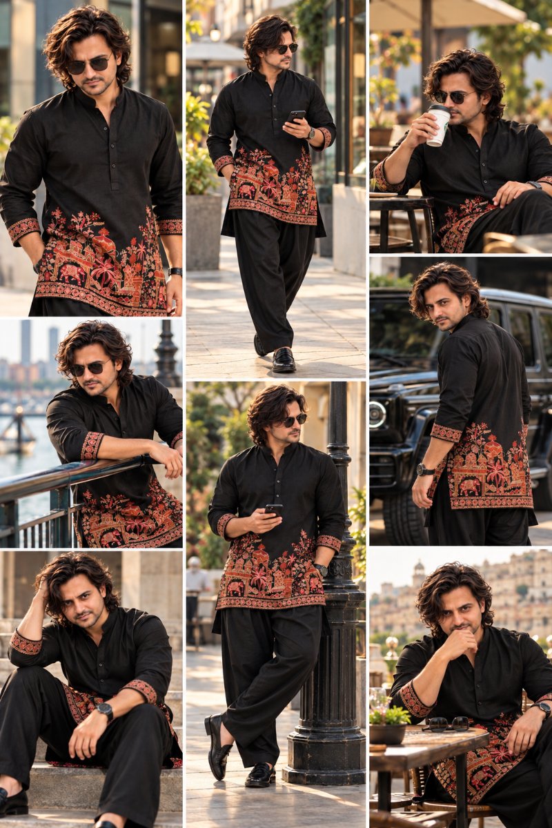 Diinesh Patel Indian Kurta Collage - Black Mughal AI Prompt Visual