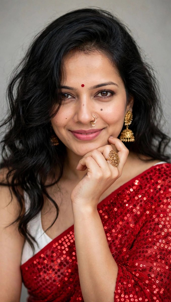 Sanjanaa Arole Red Sequin Saree White Blouse - Gold Jhumka Nose Ring Heart Bindi Smile AI Prompt Visual