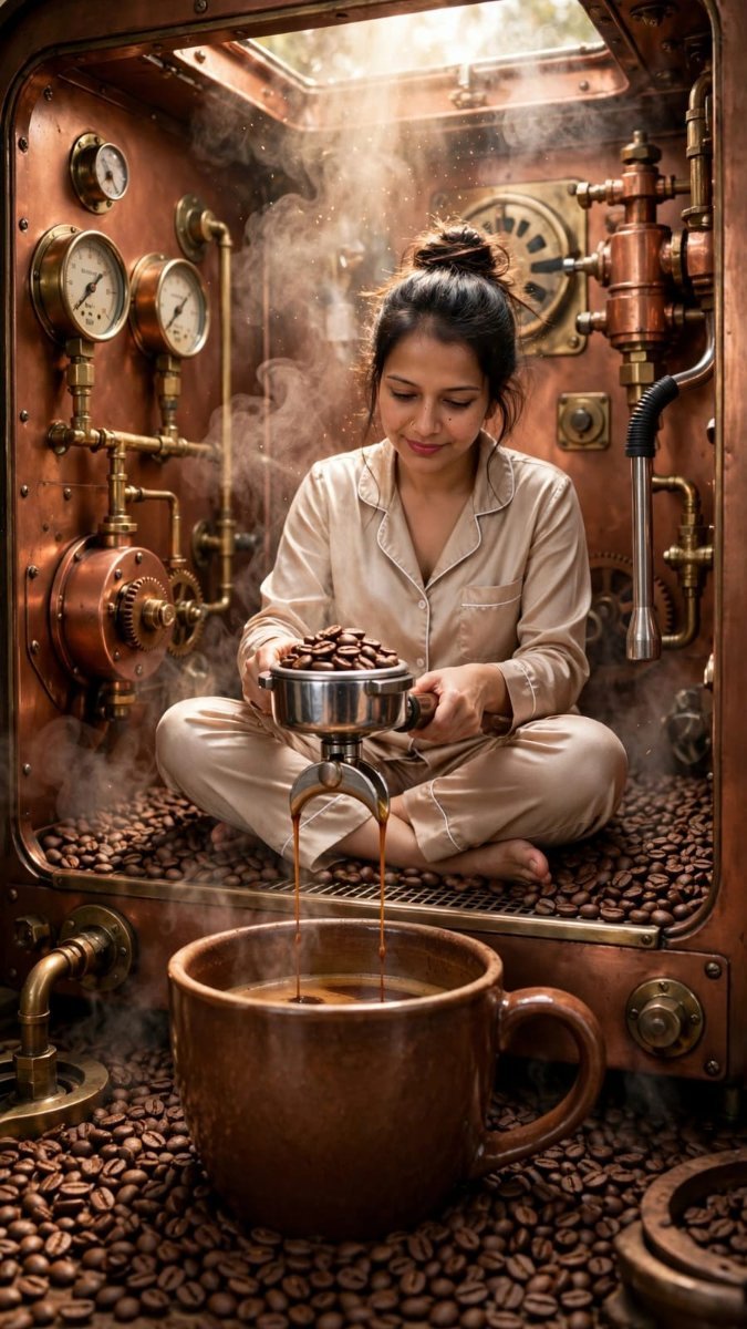 Giant Espresso Machine Inside Girl - Sanjanaa Arole AI Prompt Visual