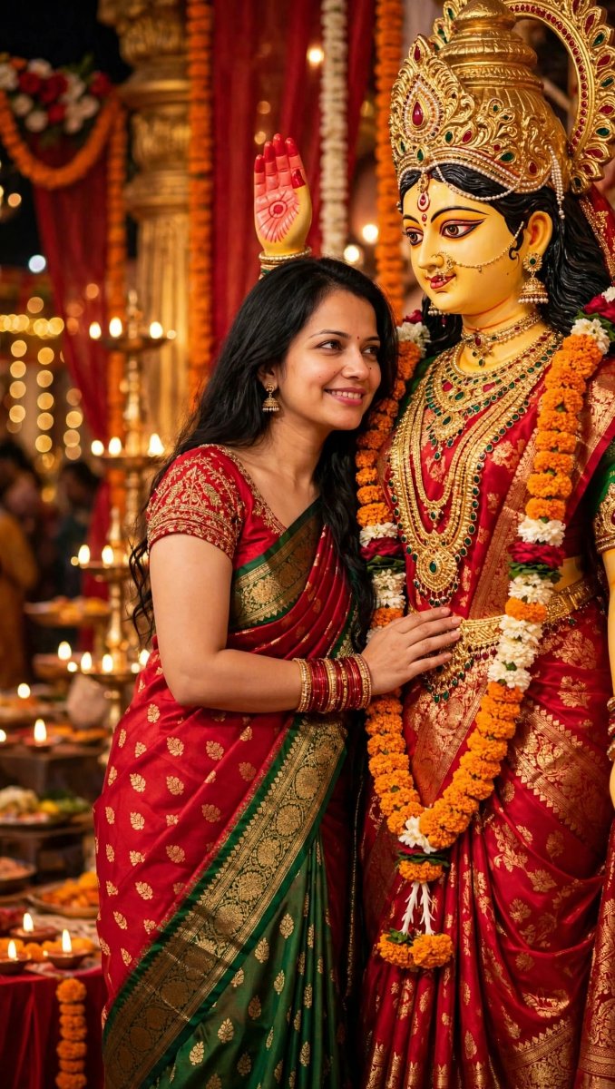 Sanjanaa Arole Divine Durga Puja Look - Woman in Red Green Banarasi Saree Taking Blessings from Maa Durga Idol with Marigold Garland AI Prompt Visual
