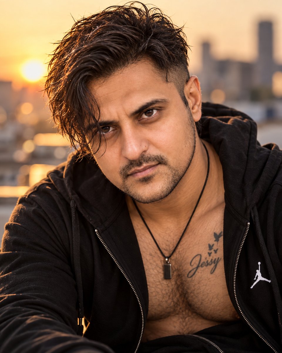 Diinesh Patel Golden Grit - Tattooed Hoodie In Sunset AI Prompt Visual