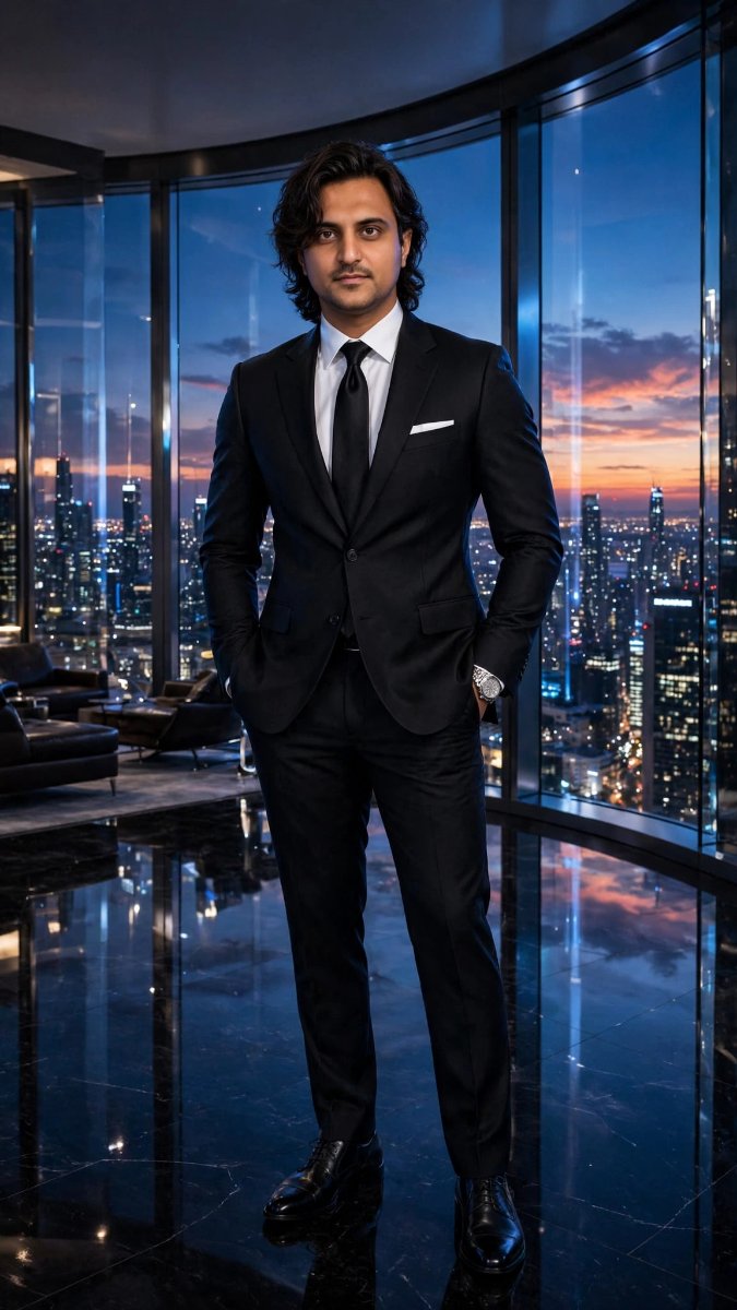 Black Business Suit Night Penthouse CEO - Long Wavy Hair City Skyline Power Portrait. Diinesh Patel AI Prompt Visual