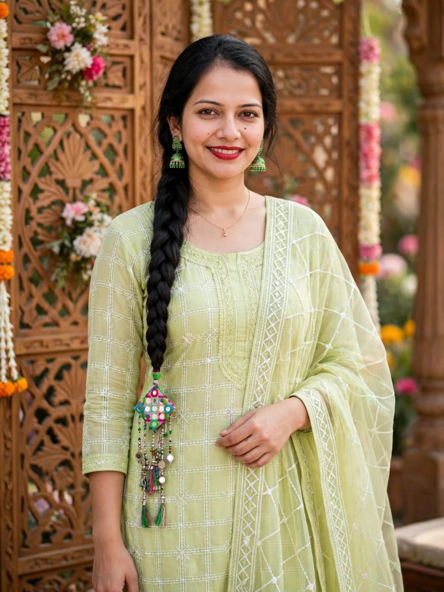 Sanjanaa Arole  Pista Green Suit Set - Pista Green White Check Embroidered Cotton Kurta with White Embroidered Organza Dupatta AI Prompt Visual