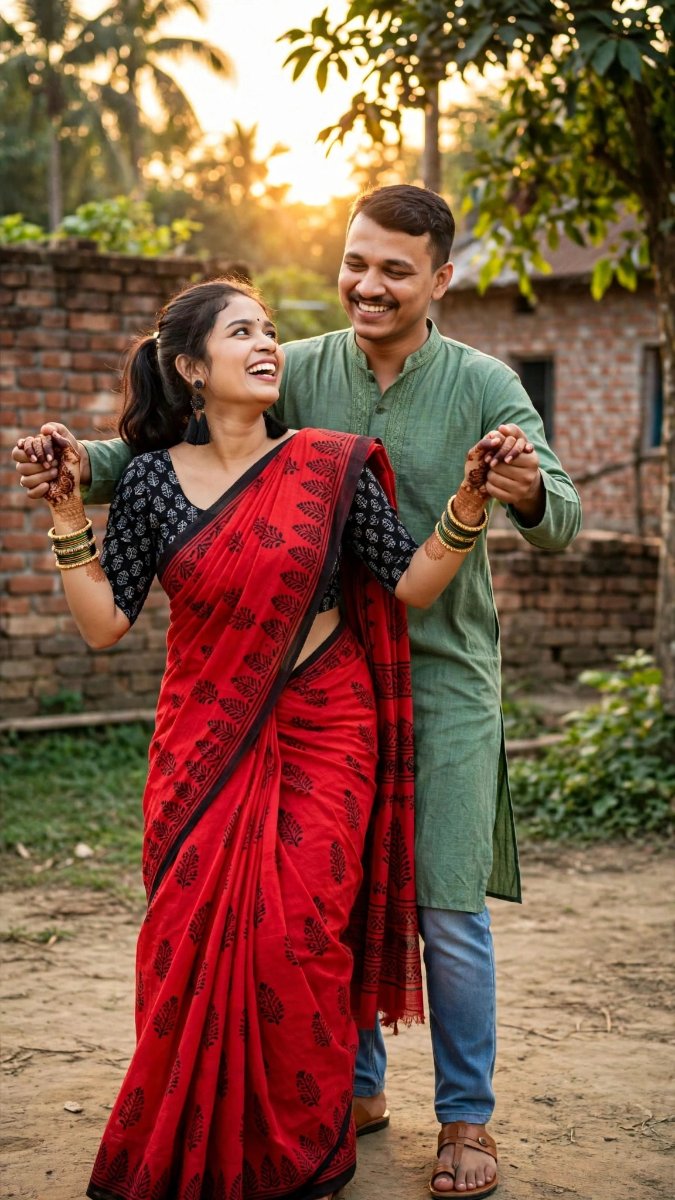 Joyful Dance - Red Black Saree Kurta Open Arms Village - Face Lock AI Prompt Visual