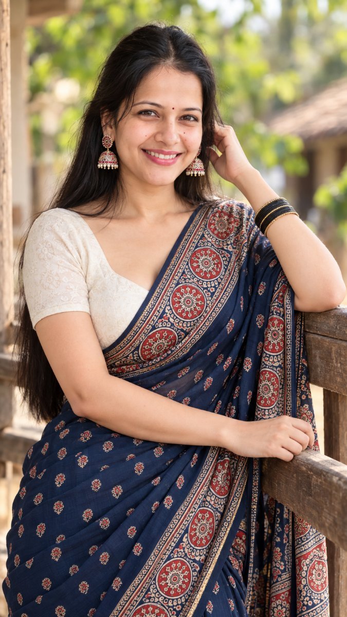 Navy Blue Printed Saree With White Blouse - Sanjanaa Arole AI Prompt Visual