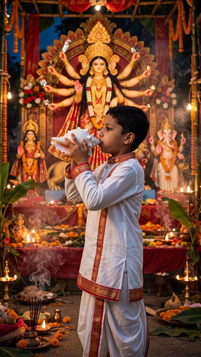 Durga Puja Shankh - Boy Blowing Conch Shell in Front of Maa Durga Idol AI Prompt Visual