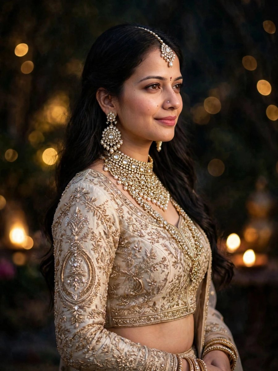 Sanjanaa Arole Royal Bridal Closeup Glam Look - Beige Gold Embroidered Lehenga with Diamond Nath Chain and Kundan Jewelry AI Prompt Visual