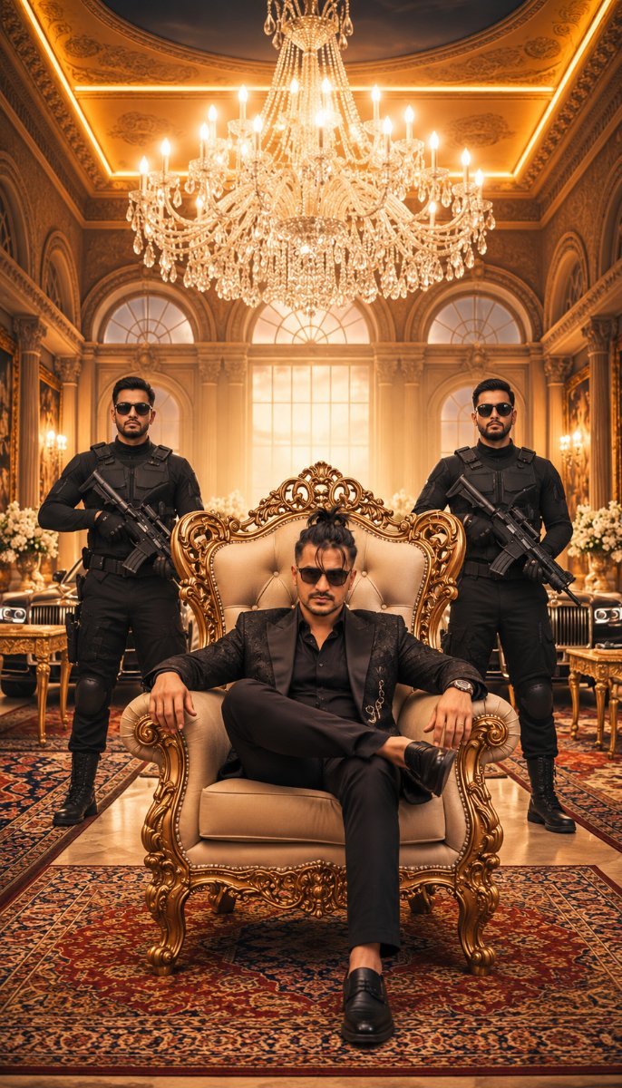 Ultra Luxury Royal style gentleman sitting on boss chair Diinesh Patel AI Prompt Visual