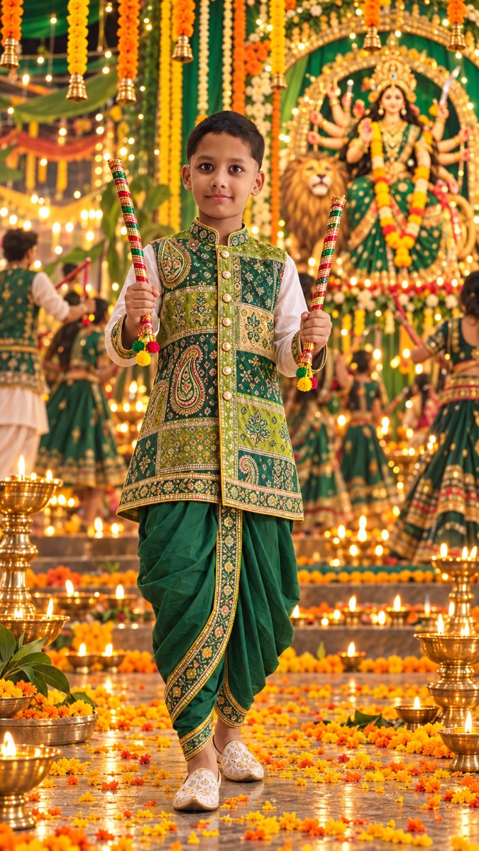 Navratri Green Patchwork Patola - Dandiya Pose - Green Theme Durga Pandal Night AI Prompt Visual