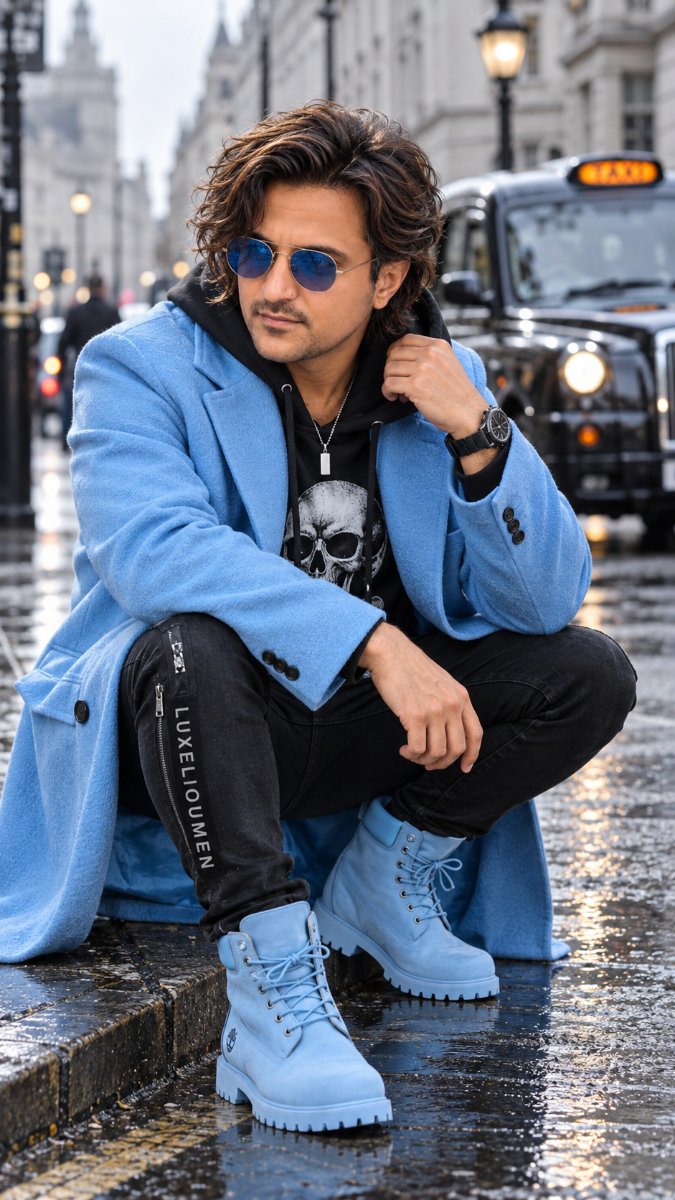 London Blue Coat Skull Hoodie - Light Blue Timberland Boots Crouch. Diinesh Patel AI Prompt Visual