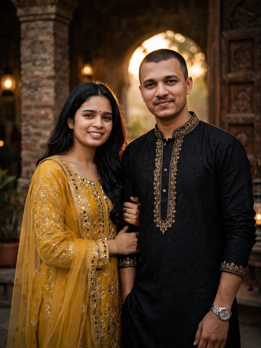 Mustard Black Couple Matching Haldi Set - Mustard Gold Mirror Work Anarkali Suit with Net Dupatta and Black Gold Kurta Pajama AI Prompt Visual
