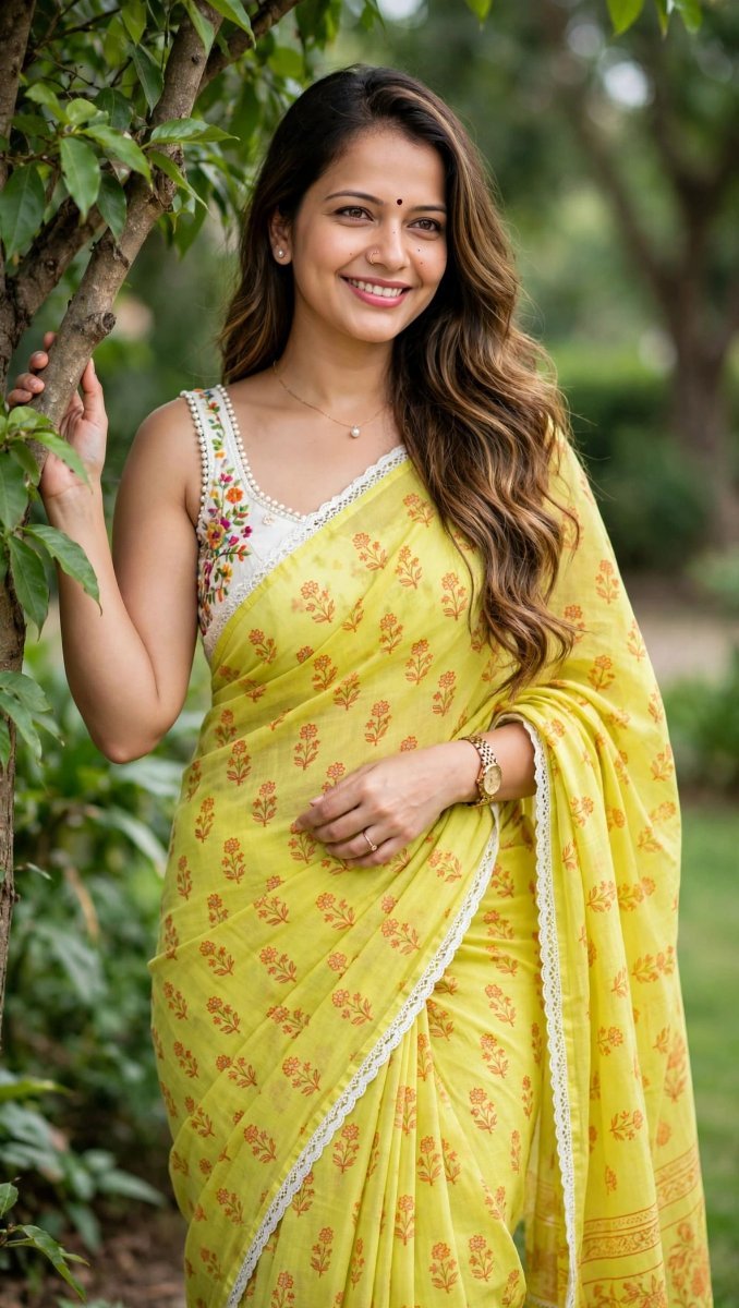 Yellow Printed Cotton Saree Outdoor Smile - Sanjanaa Arole AI Prompt Visual