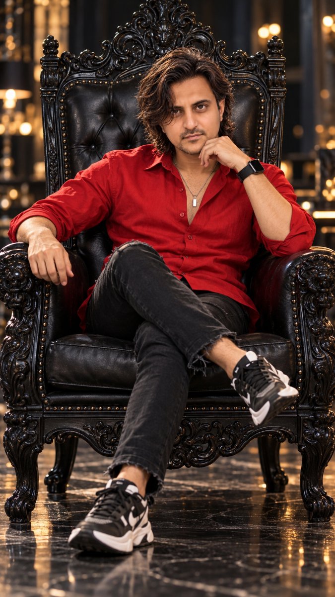 Luxury Throne Chair Portrait - Red Shirt King Vibe Diinesh Patel AI Prompt Visual