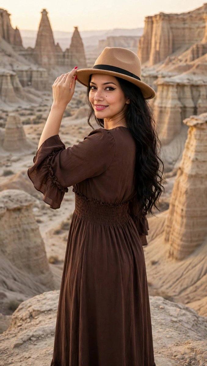 Sanjanaa Arole Brown Boho Maxi Dress Smocked Waist - Beige Fedora Hat Black Band - Canyon Sunset AI Prompt Visual
