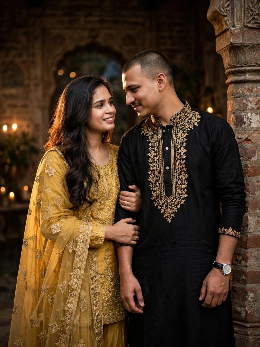 Mustard Black Couple Matching Diwali Set - Mustard Gold Zardozi Embroidered Anarkali Suit with Dupatta and Black Gold Kurta Pajama AI Prompt Visual