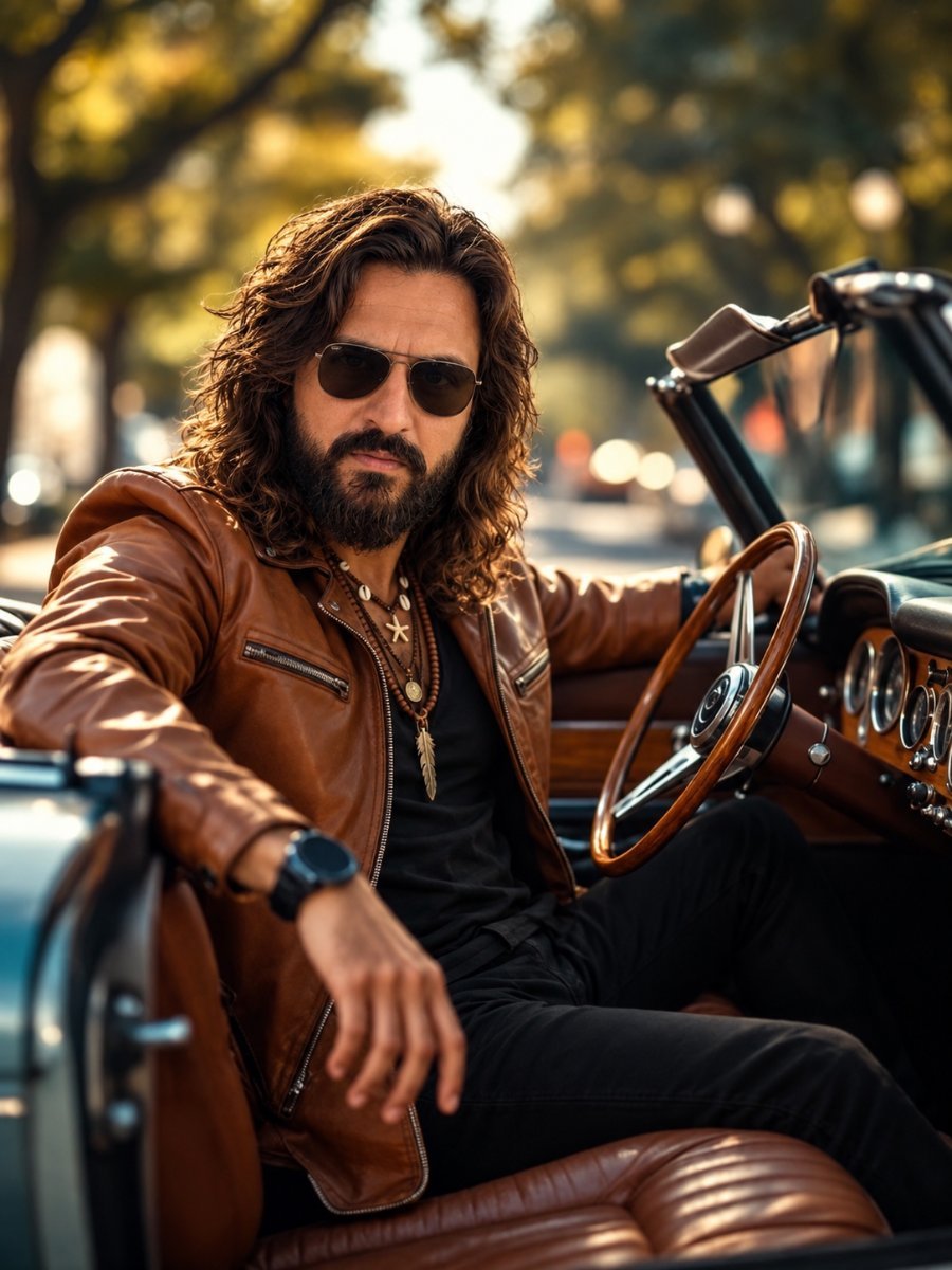 Handsome rugged man sitting in vintage car Diinesh Patel AI Prompt Visual