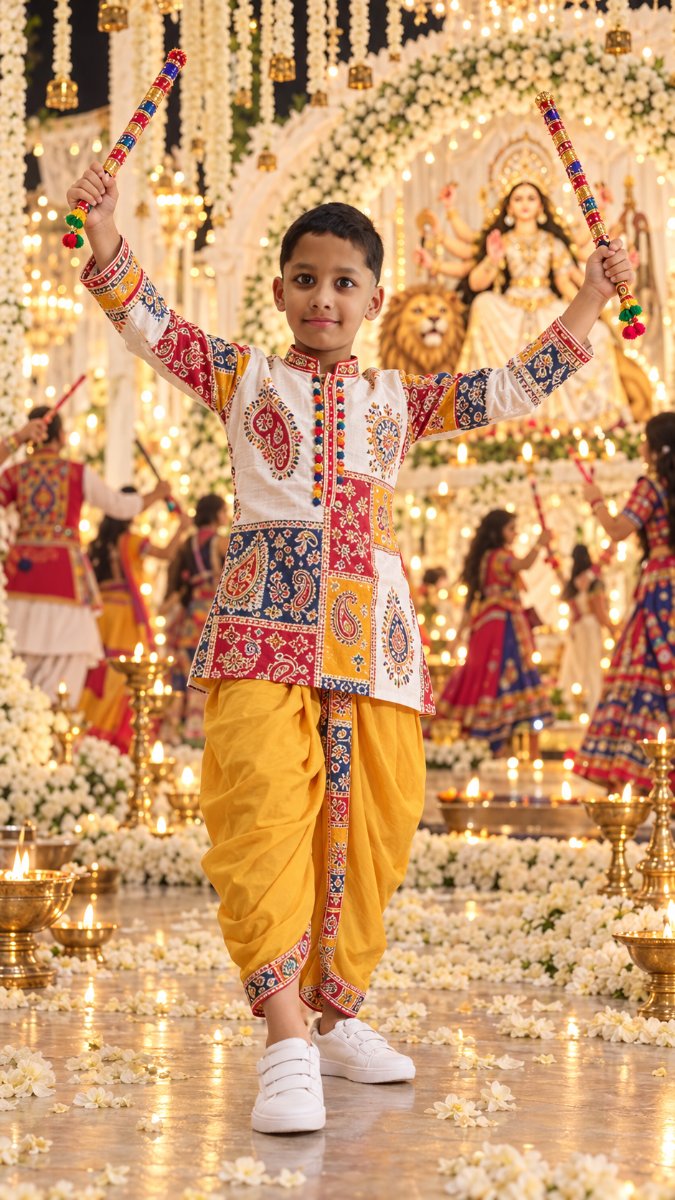 White Navratri Garba - Patchwork Kurta Mustard Dhoti - White Flower Durga Pandal Night AI Prompt Visual