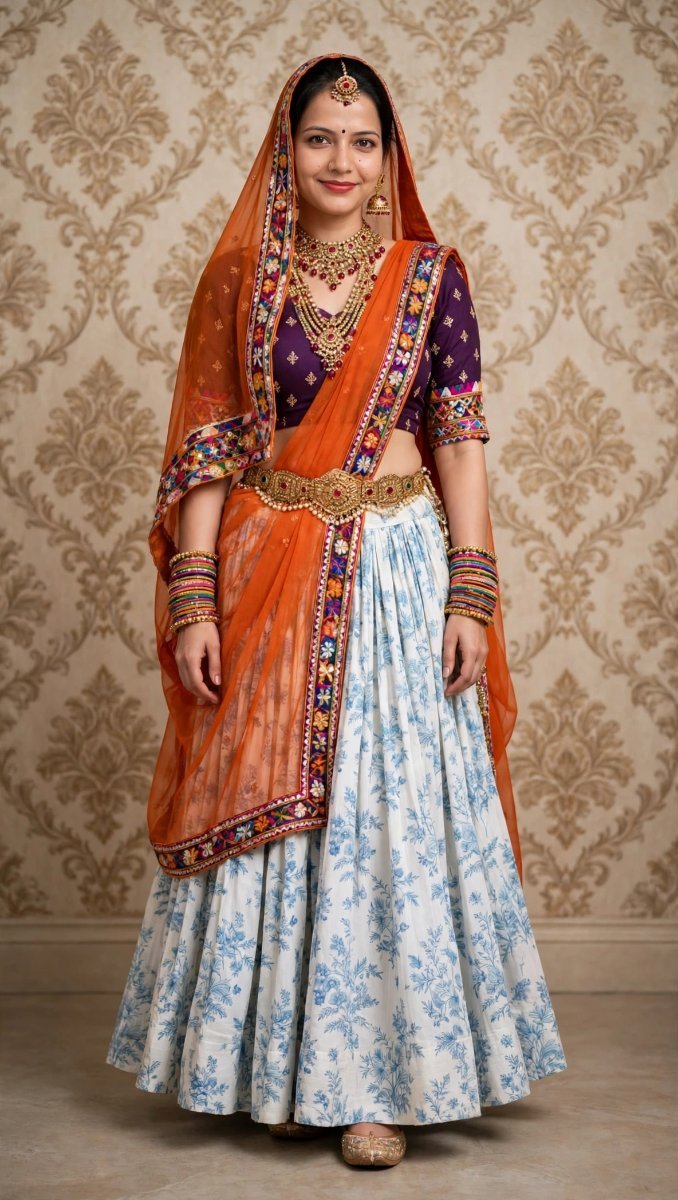 Orange Odhni Purple Blouse Realistic Ghagra - Sanjanaa Arole AI Prompt Visual