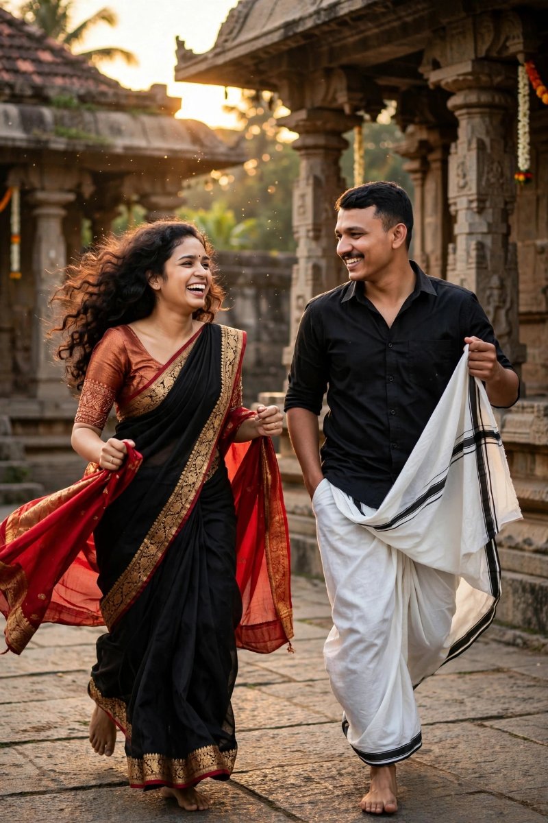Temple Playful Chase - Red Black Saree Dhoti Running - Face Lock AI Prompt Visual