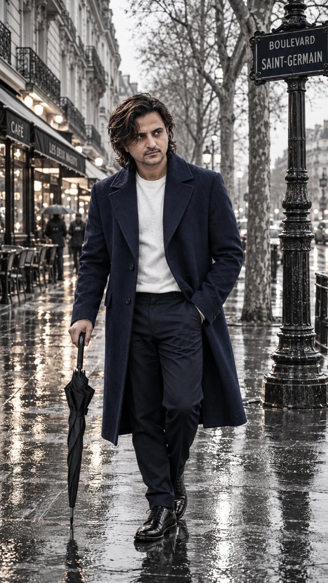 Paris Boulevard Saint-Germain Rainy Walk - Navy Overcoat Umbrella Long Hair Cinematic. Diinesh Patel AI Prompt Visual