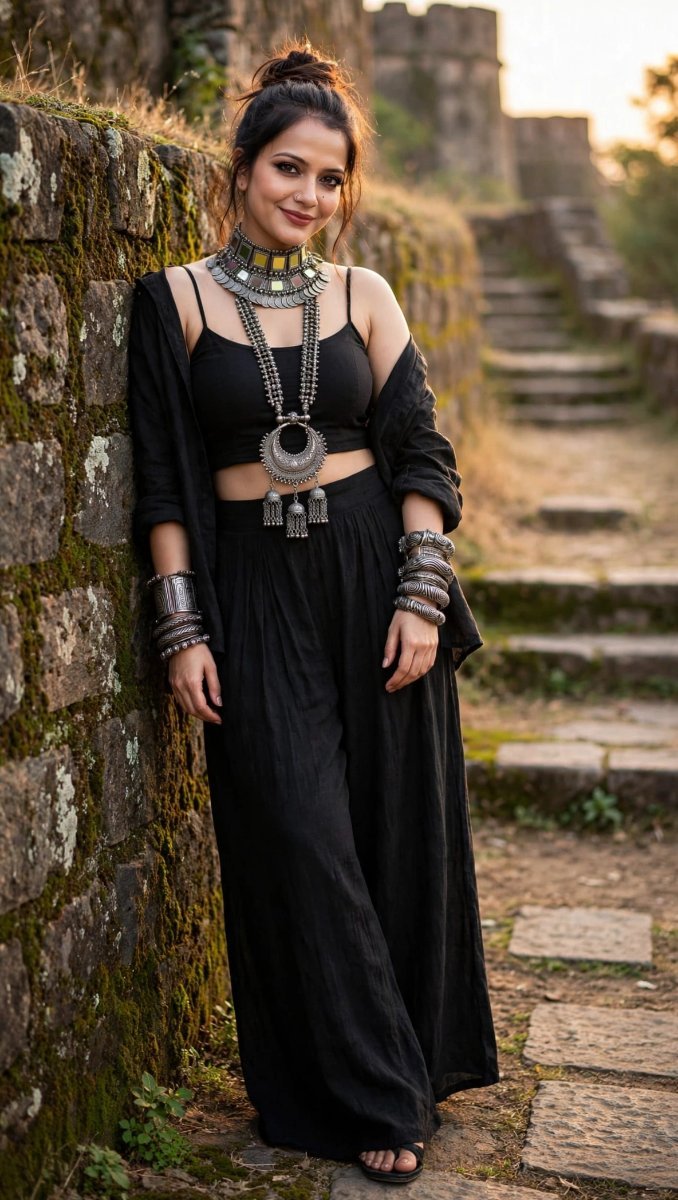 Black Boho With Heavy Silver Jewelry - Beautiful Girl In Black  Sanjanaa Arole AI Prompt Visual