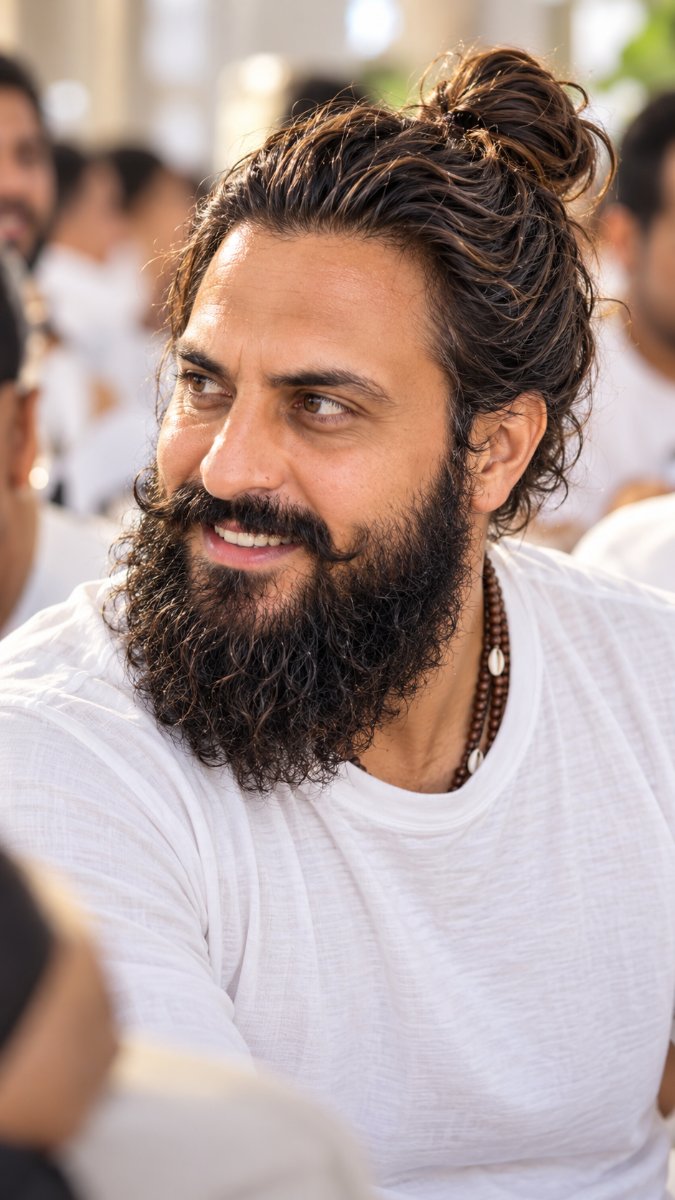 Messy Man Bun Curly Beard Smile - Diinesh Patel AI Prompt Visual