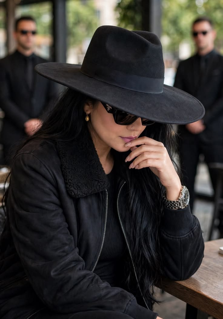 Sanjanaa Arole Mafia Queen Black Fedora - All Black Bodyguards Background - Boss Lady Cafe AI Prompt Visual
