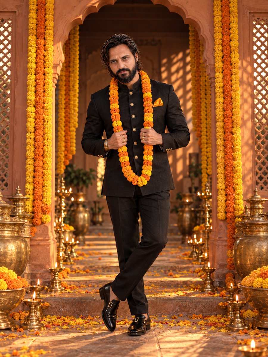Diinesh Patel Navratri Bandhgala Royal - Marigold King AI Prompt Visual