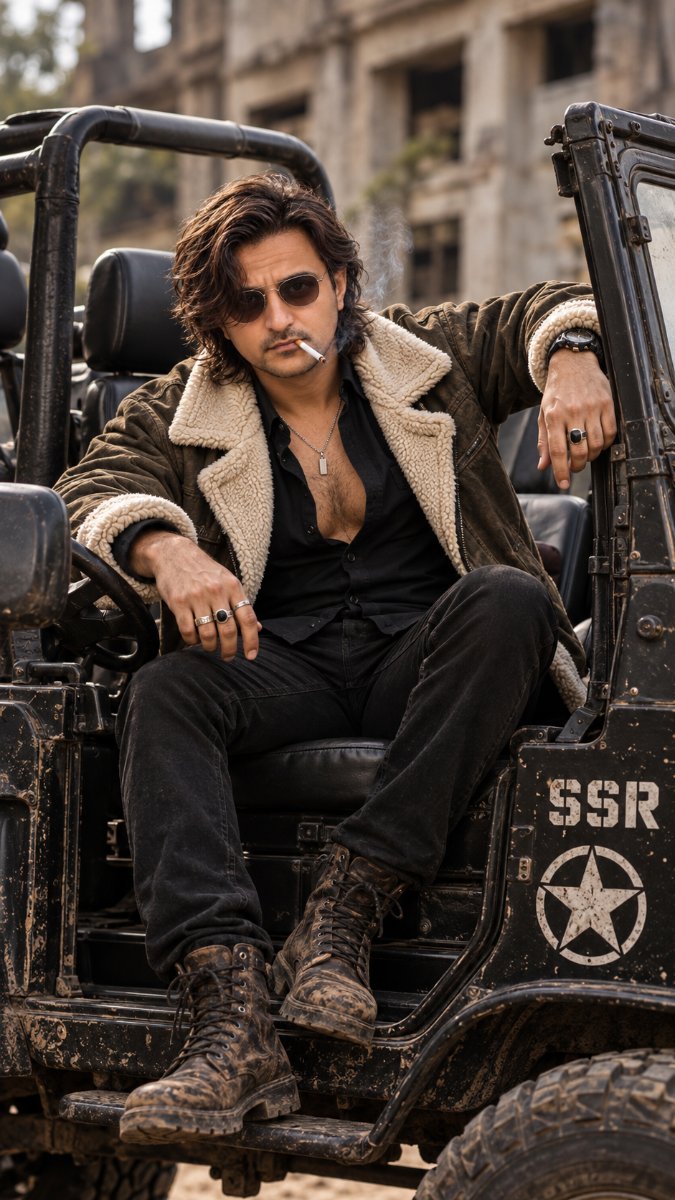 Shearling Aviator Jacket Jeep - SSR Star Muddy Boots Smoking. Diinesh Patel AI Prompt Visual