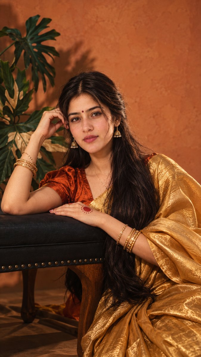 Cinematic Golden Saree Indian Portrait AI Prompt Visual