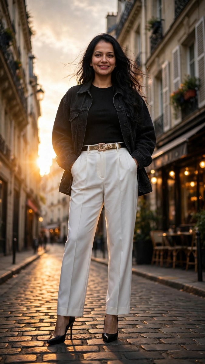 Sanjanaa Arole Black Denim Jacket Black Tee - White Tailored Trousers Gold Belt - Paris Cobblestone Sunset AI Prompt Visual