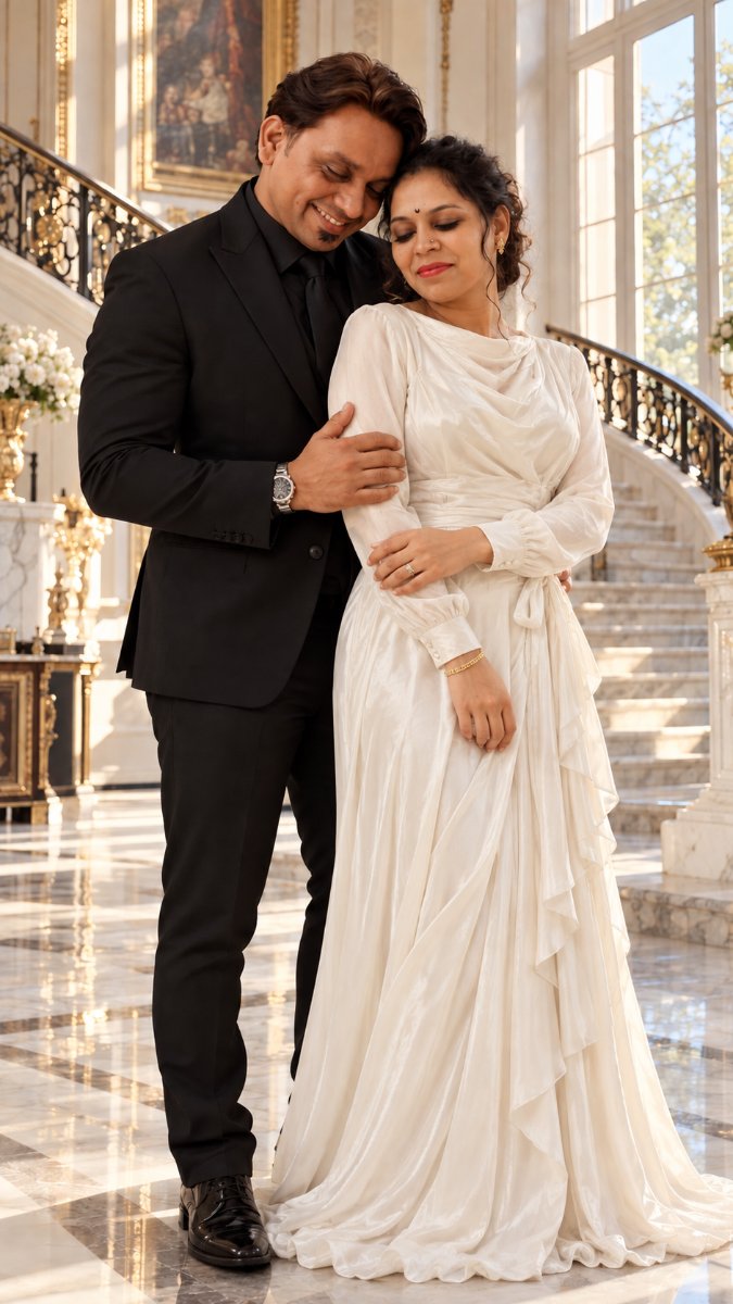 Luxury Black Suit White Dress Romantic Couple - Man Hugging Woman In Palace Hall AI Prompt Visual