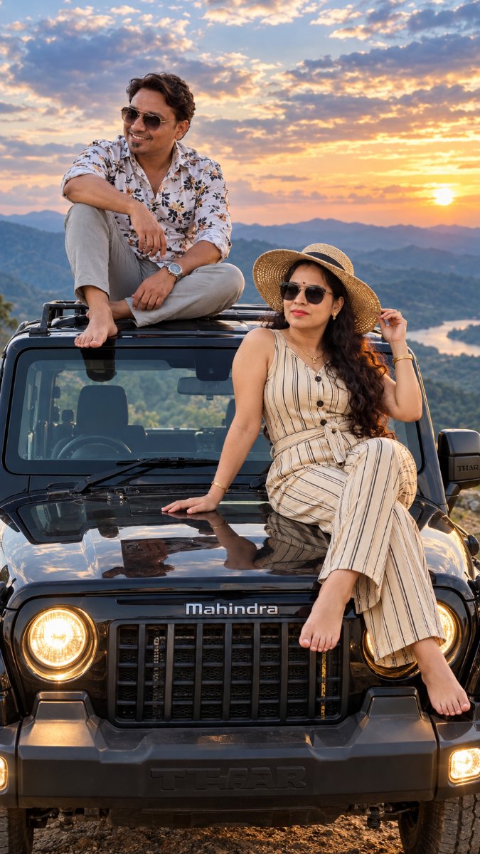 Black Mahindra Thar Mountain Top Couple - Man On Roof And Woman On Bonnet At Sunset AI Prompt Visual