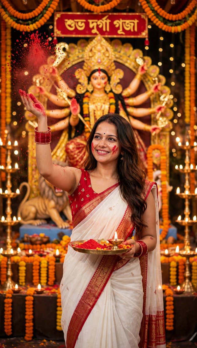 Sanjanaa Arole Shubho Durga Puja Sindoor Utsav - Woman in White Red Saree Throwing Sindoor with Thali in Durga Pandal AI Prompt Visual