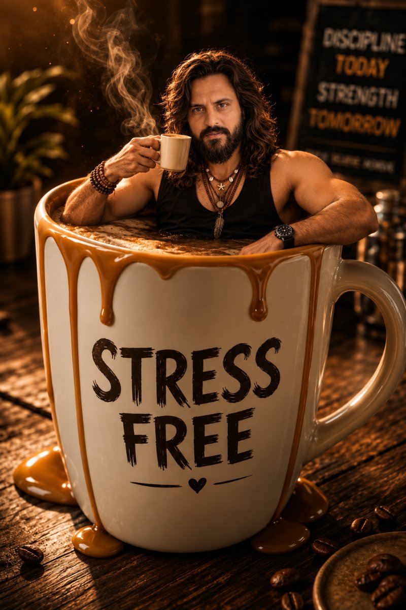 A man sitting inside a giant coffee mug that says STRESS FREE, holding a small coffee cup. Diinesh Patel AI Prompt Visual
