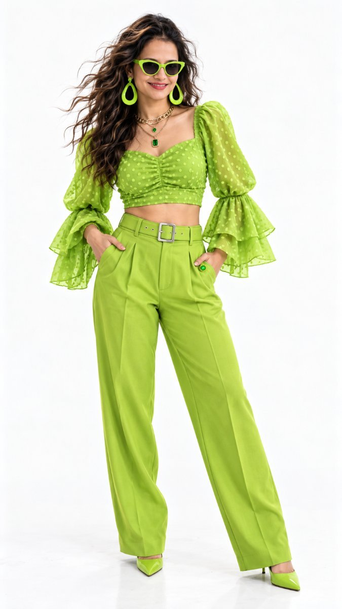 Neon Lime Polka Puff Sleeve Power Suit - Bold Green Monochrome Boss Babe Sanjanaa Arole Aesthetic AI Prompt Visual