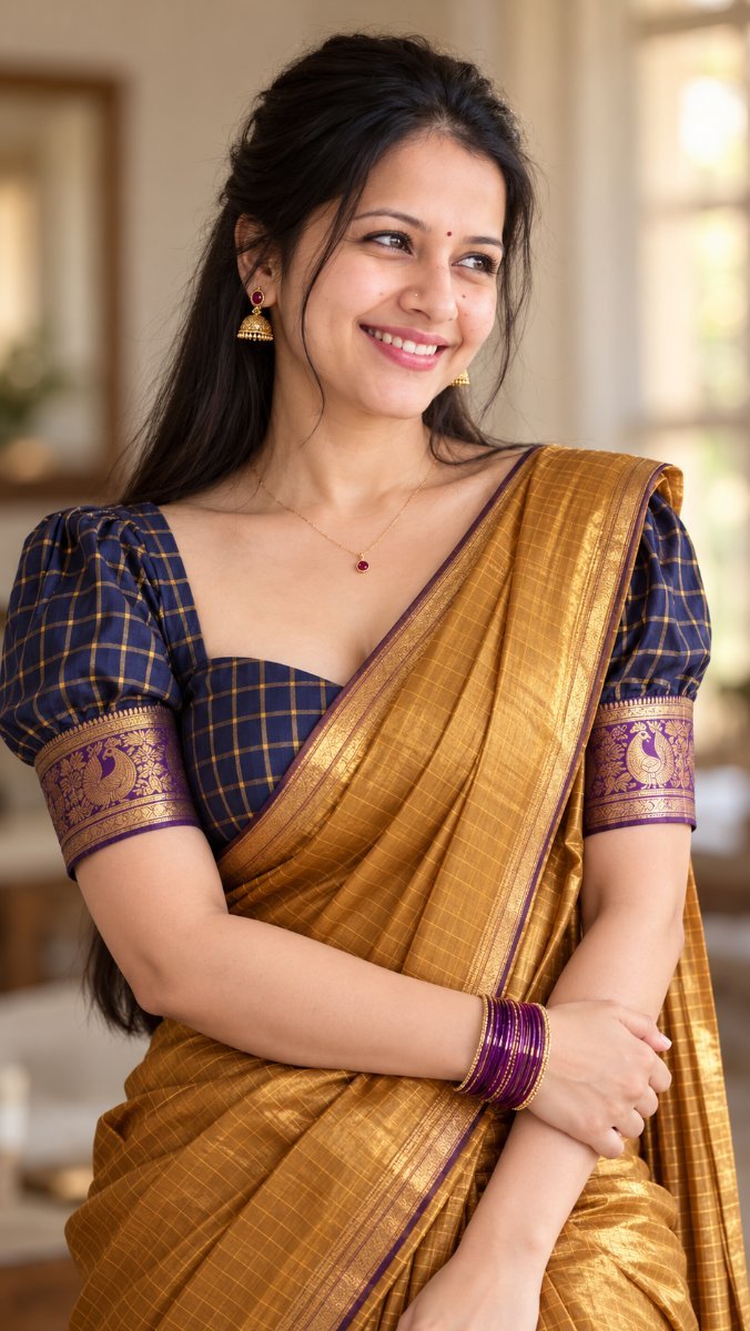 Mustard Gold Silk Saree With Puff Blouse - Sanjanaa Arole AI Prompt Visual