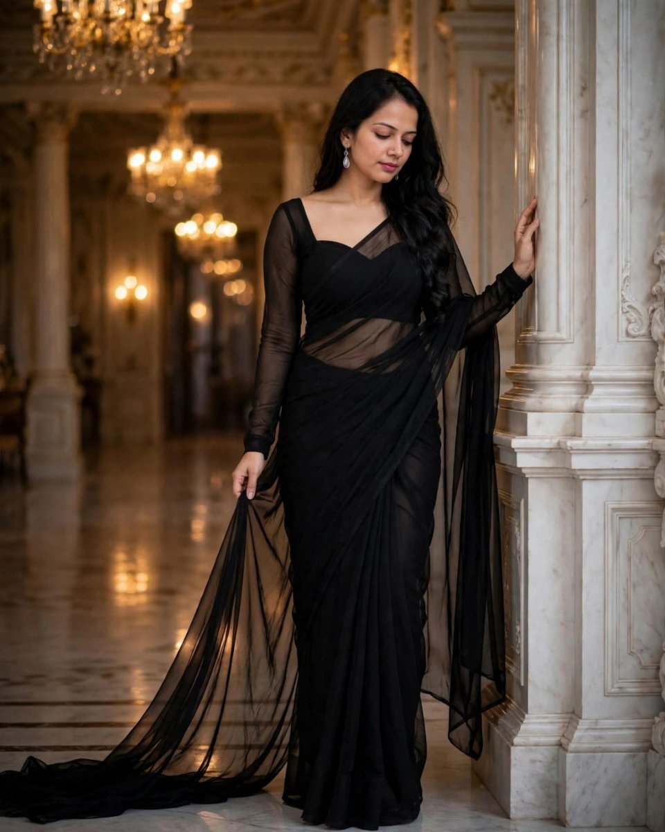 Sanjanaa Arole Palace Black Sheer Saree Look - Black Transparent Saree with Full Sleeve Sweetheart Blouse Leaning on Marble Pillar AI Prompt Visual