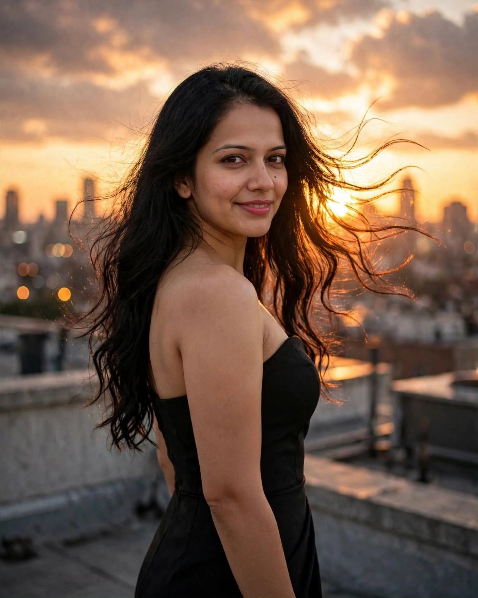 Sanjanaa Arole Black Strapless Bodycon Dress - Rooftop Sunset Golden Hour Wind Blown Long Hair AI Prompt Visual