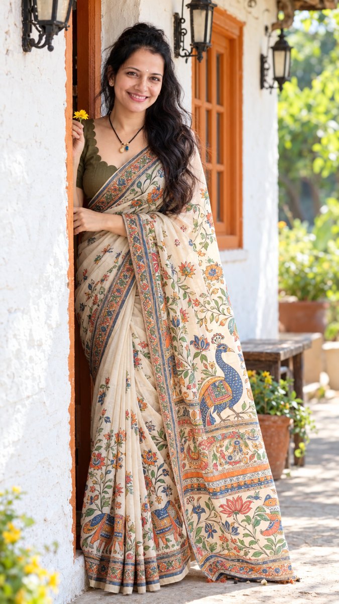 Madhubani Kalamkari Saree Cottage Doorway - Sanjanaa Arole AI Prompt Visual